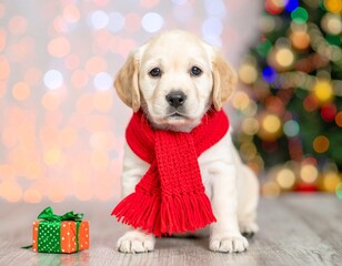 A cute puppy in a festive scarf sits beside a gift radiating holiday cheer.