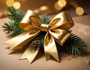 A golden bow elegantly adorns pine branches setting a festive holiday mood and inviting warmth.