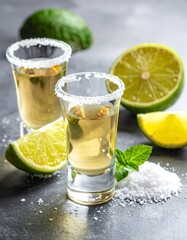 Fototapeta premium Close-up of tequila shots with lime, salt, and mint on a textured surface