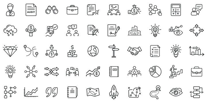 A diverse collection of business-related icons, including finance, strategy, and teamwork themes.