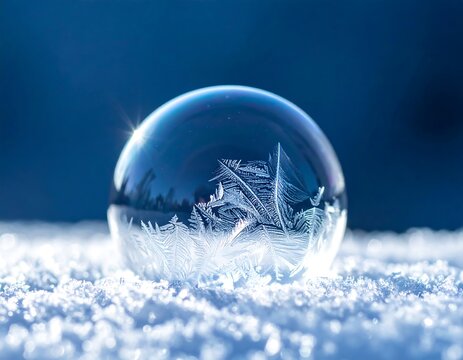 Close-up view of a frozen soap bubble with intricate ice crystals, reflecting a snowy scene
