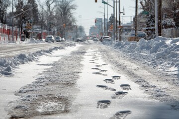 Urban winter scene showing tire marks and footprints on a snow-covered road during a bright, sunny day in a busy city area