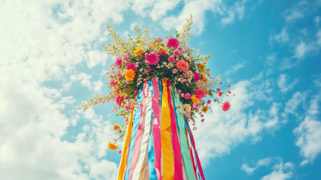 A colorful maypole adorned with vibrant flowers and long ribbons. The scene captures the essence of midsummer celebrations in a lush green setting.