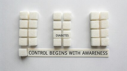 Sugar cubes arranged to represent diabetes awareness with the message "Control begins with awareness" for health education