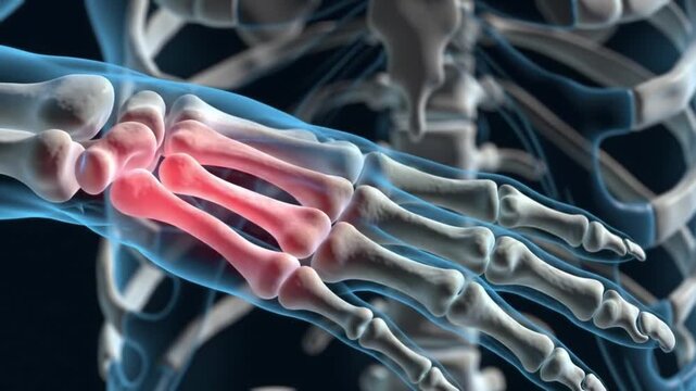 Animated Hand Skeleton with Red Highlighted Bones Indicating Pain or Inflammation