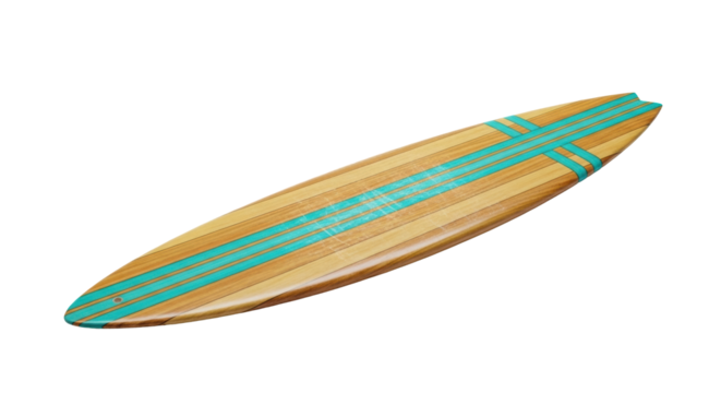 Vintage wooden surfboard, light brown, turquoise stripes, subtle age, transparent background, soft studio light, ultra-realistic. Concept of summer leisure and timeless quality