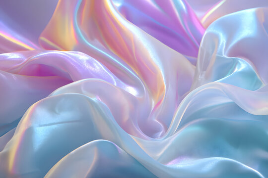 flowing silk fabric in iridescent pastel tones with luxurious folds and dynamic reflective fashion lighting