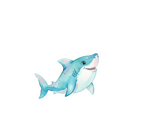 Obraz premium Cute blue shark watercolor illustration with smiling face and playful expression, perfect for children book, nursery decor, or ocean themed design projects