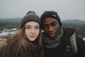 Young interracial couple enjoying a cozy moment in warm clothes against a mountain backdrop during a cool day