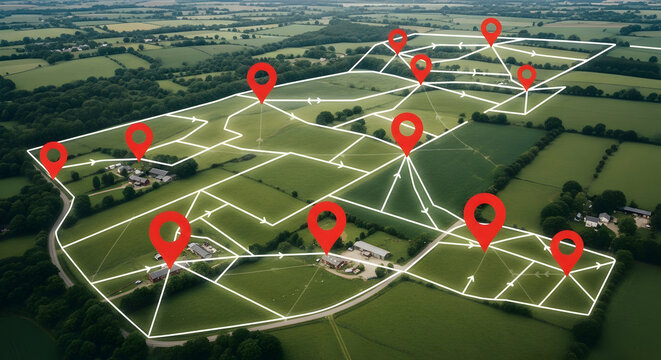 Aerial view of property mapping with location markers and connected lines highlighting land plots 45951882 1