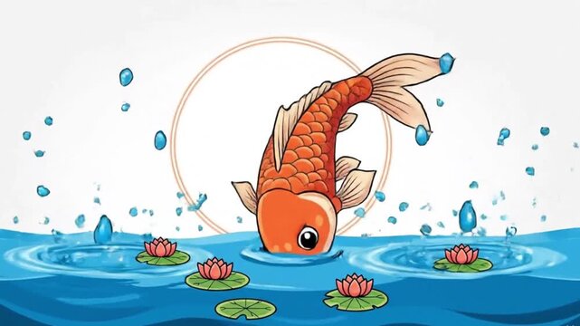 Cartoon Koi Fish Jumping in Pond with Lotus Flowers and Water Splashes