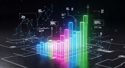 Futuristic neon bar chart with digital data visualization