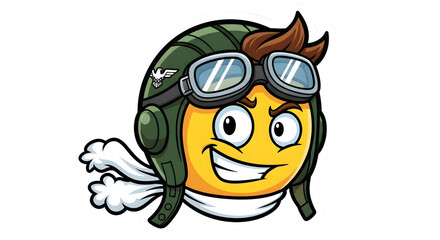 Naklejka premium Excited cartoon pilot emoji with aviator hat and goggles, wind blowing through scarf, ready for adventure and exploration