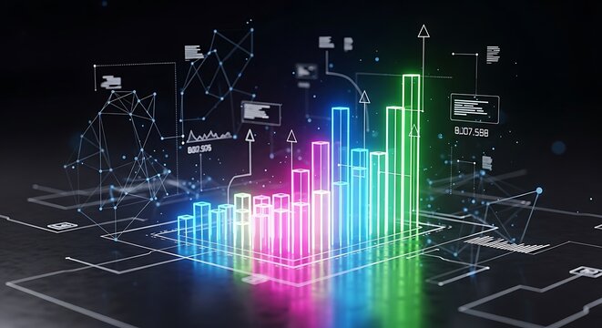 Futuristic neon bar chart with digital data visualization