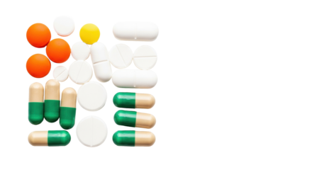 Pharmaceutical pills and capsules (orange, white, green/beige) meticulously arranged on transparent surface with copy space, soft high-key studio light, advanced health solutions concept