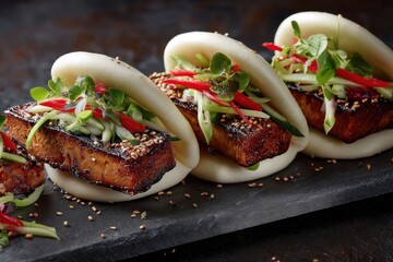 Crispy tofu bao buns served with fresh scallions, cilantro, and sesame seeds on a black plate in a modern dining setting