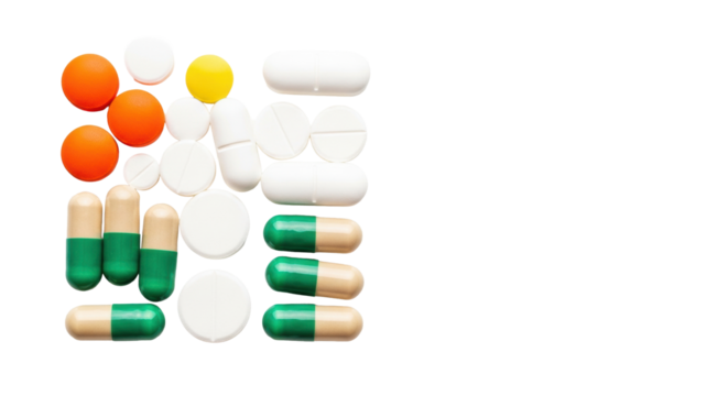 Pharmaceutical pills and capsules (orange, white, green/beige) meticulously arranged on transparent surface with copy space, soft high-key studio light, advanced health solutions concept