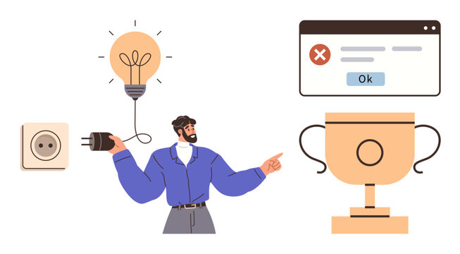 Man connects plug to idea bulb, points to error window and trophy. Ideal for innovation, problem-solving, success, failure analysis, motivation, creativity learning. Minimal simple flat metaphor