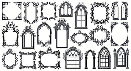 A collection of ornate gothic frames, borders, and arched windows in black and white, featuring intricate designs.