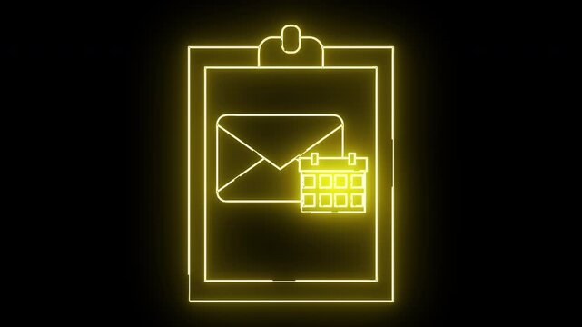 Yellow neon outline of a clipboard with an envelope  calendar icon