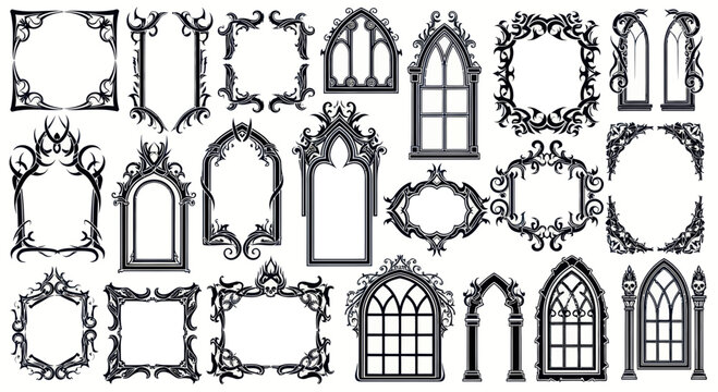 A collection of ornate gothic frames, borders, and arched windows in black and white, featuring intricate designs.