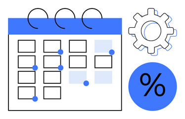 Calendar with marked dates, gear symbol, and percentage icon emphasizing time planning, optimization, and performance. Ideal for scheduling, productivity, analytics, efficiency strategy management