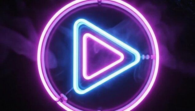 Dynamic neon play button glows in vibrant digital space