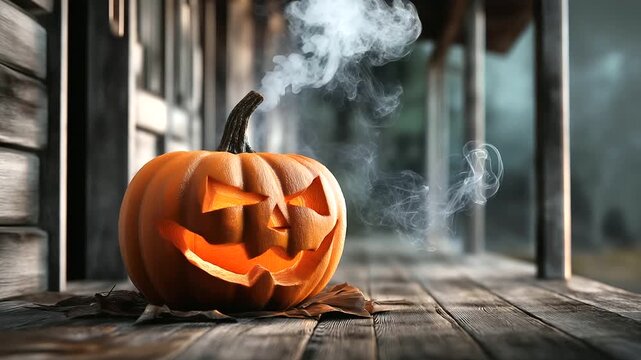 A hyperrealistic carved pumpkin (Jack-o'-lantern) with smoke emerging from its glowing eyes, sitting on a rustic wooden porch. Cinematic, spooky atmosphere. blurred background, wit