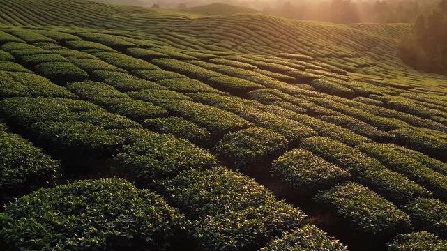 tea plantation rolling hill sunrise view. vast landscape shows agriculture and farming. terrace pattern blends with nature. warm light highlights green crop. rural horizon suggests sustainable