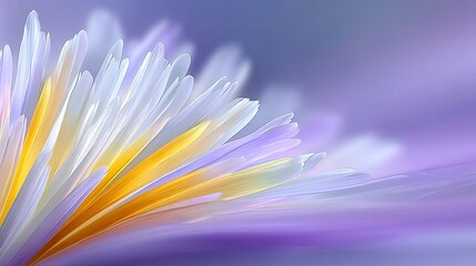 Macro shot of colorful flower petals with yellow and white tips illuminated by soft sunlight against a blurred purple background showcasing delicate textures and vibrant hues