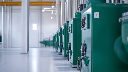 A clean, bright industrial setting features a row of green machines, reflecting a focus on order and efficiency in a technological environment. Precision in modern manufacturing.