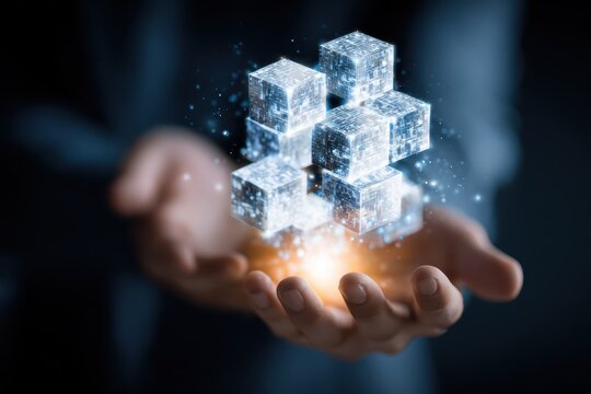 Businessman's hand showcasing blockchain technology with glowing cubes representing data security and innovation in digital transactions