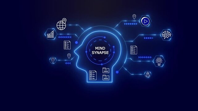 Neon blue head outline with mind synapse icons and digital network on dark background silhouette glowing