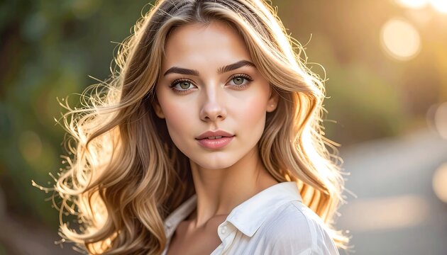 A serene portrait of a woman, with flowing blonde hair, natural makeup, and a soft, inviting gaze. She wears a white blouse