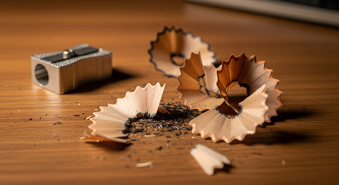 Wooden pencil shavings and sharpener on wooden desk surface  