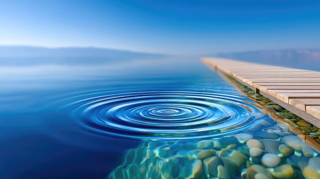 Serene Lake Ripples With Clear Water Over Pebbles And A Wooden Boardwalk Under A Bright Blue Sky