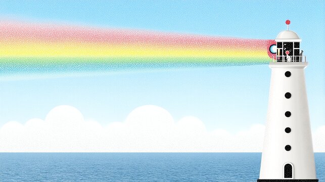 Cartoon lighthouse projecting rainbow light instead of white, hope and positivity