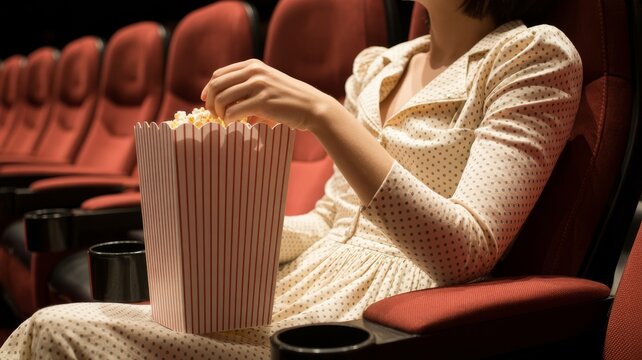 Woman in polka dot dress eating popcorn in a movie theater with red seats and black cup holders
