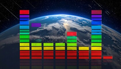 A vibrant equalizer spectrum overlays a planet with celestial background of stars and meteors. The colorful bars pulsate