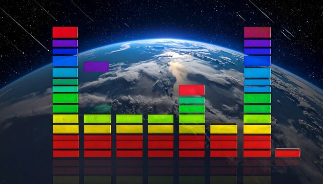 A vibrant equalizer spectrum overlays a planet with celestial background of stars and meteors. The colorful bars pulsate