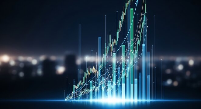Abstract glowing digital data stream rising from city lights at night