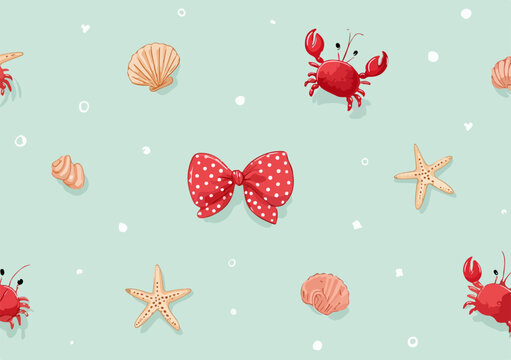Niedliches, nahtloses Muster mit roten Krabben, Seesternen, Muscheln und Schleife auf T&uuml;rkis.