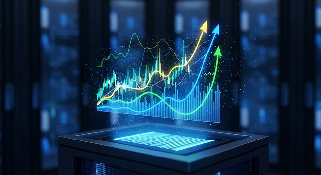 Futuristic holographic stock market data display with upward trends