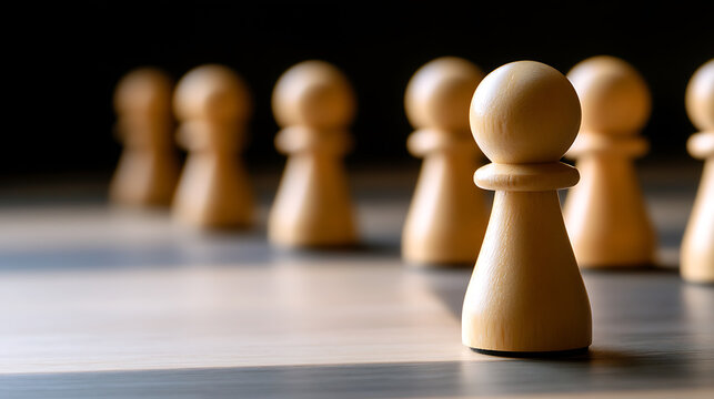 A close-up photo of a chess game. The main focus is on the white pawn standing prominently in the foreground, followed by other pieces lined up in the background on the chess board. - Powered by Adobe