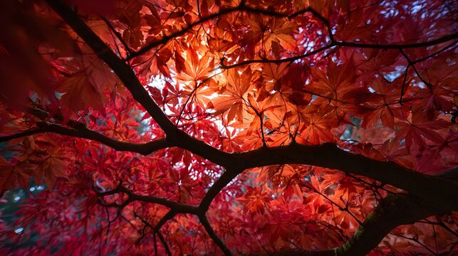 Intense sunlight illuminates vibrant red foliage against dark tree branches viewed from below