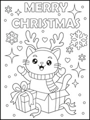 Cute cartoon cat coloring page for kids. Cute Kitty wearing reindeer antlers and a scarf, popping out of a Christmas gift box with a Merry Christmas greeting.