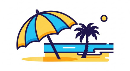 Beach vacation summer holiday with umbrella palm tree sun and ocean scene for travel and relaxation concept