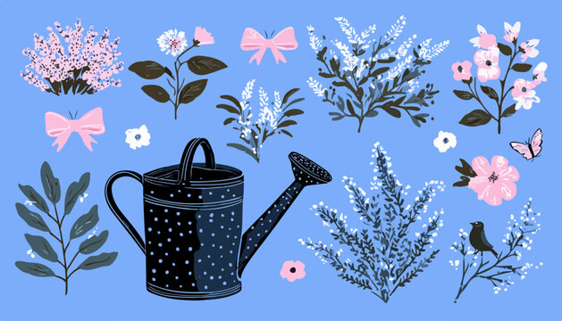 Vektorillustration mit zarten Blumen, Bl&auml;ttern, einer Gie&szlig;kanne und einem Vogel auf blauem Hintergrund.