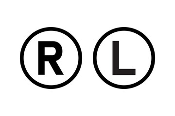 Right and left letter icons in circle. R and l symbols isolated on white background.