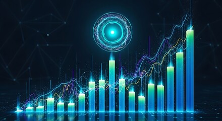 Futuristic digital data graph with glowing neon bars and abstract circle